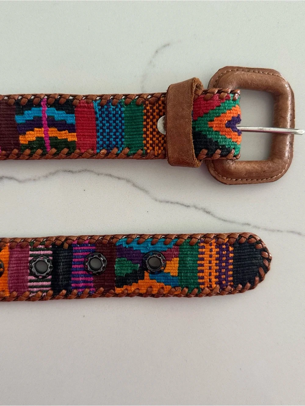 Anthropologie Vintage Embroidered Leather Belt Camel Multicolor Size 32 / M